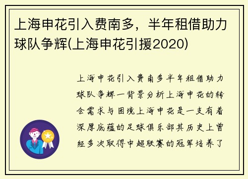 上海申花引入费南多，半年租借助力球队争辉(上海申花引援2020)