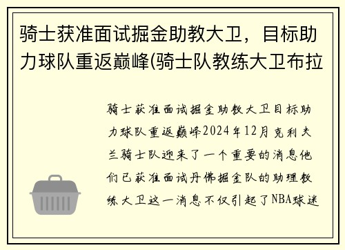 骑士获准面试掘金助教大卫，目标助力球队重返巅峰(骑士队教练大卫布拉切)
